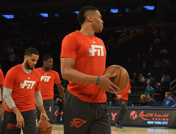 Credit: Barry Holmes/PureSportsNY ... Russell Westbrook came to the Garden ready to play Tuesday night.