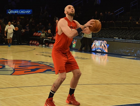 (Credit: Barry Holmes/PureSportsNY) Gortat's pregame free throw practice paid off, as he went 2 for 2 from the charity stripe Tuesday night.