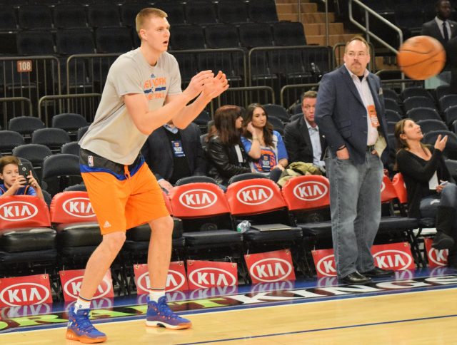 (Photo Credit: Barry Holmes) Porzingis working on his three ball before Tuesday night's contest.