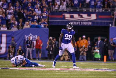 (Photo Credit: Bobby O'Hara/PureSportsNY) Pierre-Paul showing emotion after forcing a Lions turnover, with a strip sack.