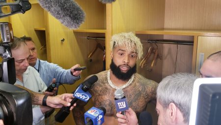 (Photo Credit: Barry Holmes) OBJ spoke to reporters about how he felt following a loss to the Saints.